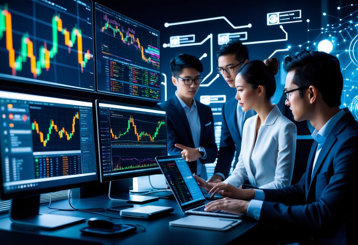 A group of professionals working with computers showing cryptocurrency trading charts and AI data in a modern office.