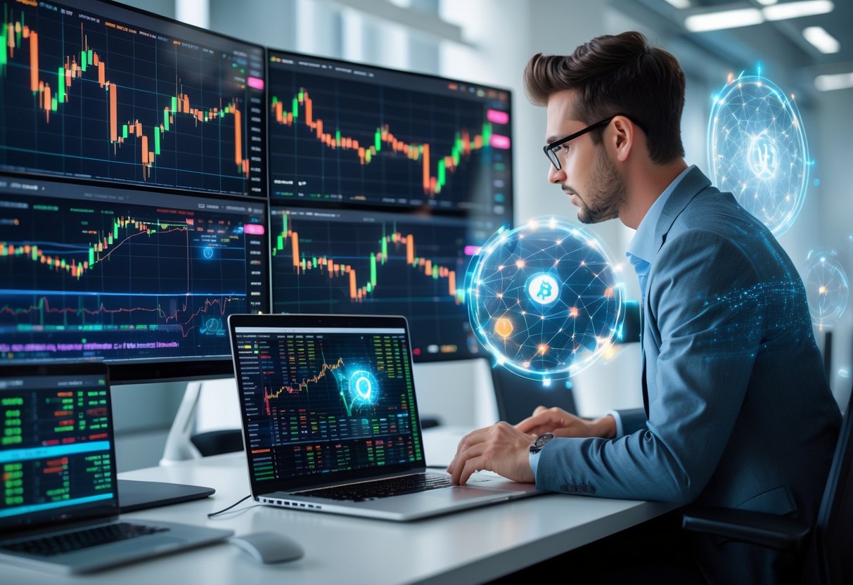 A person analyzing cryptocurrency market data on multiple computer screens in a modern office workspace.