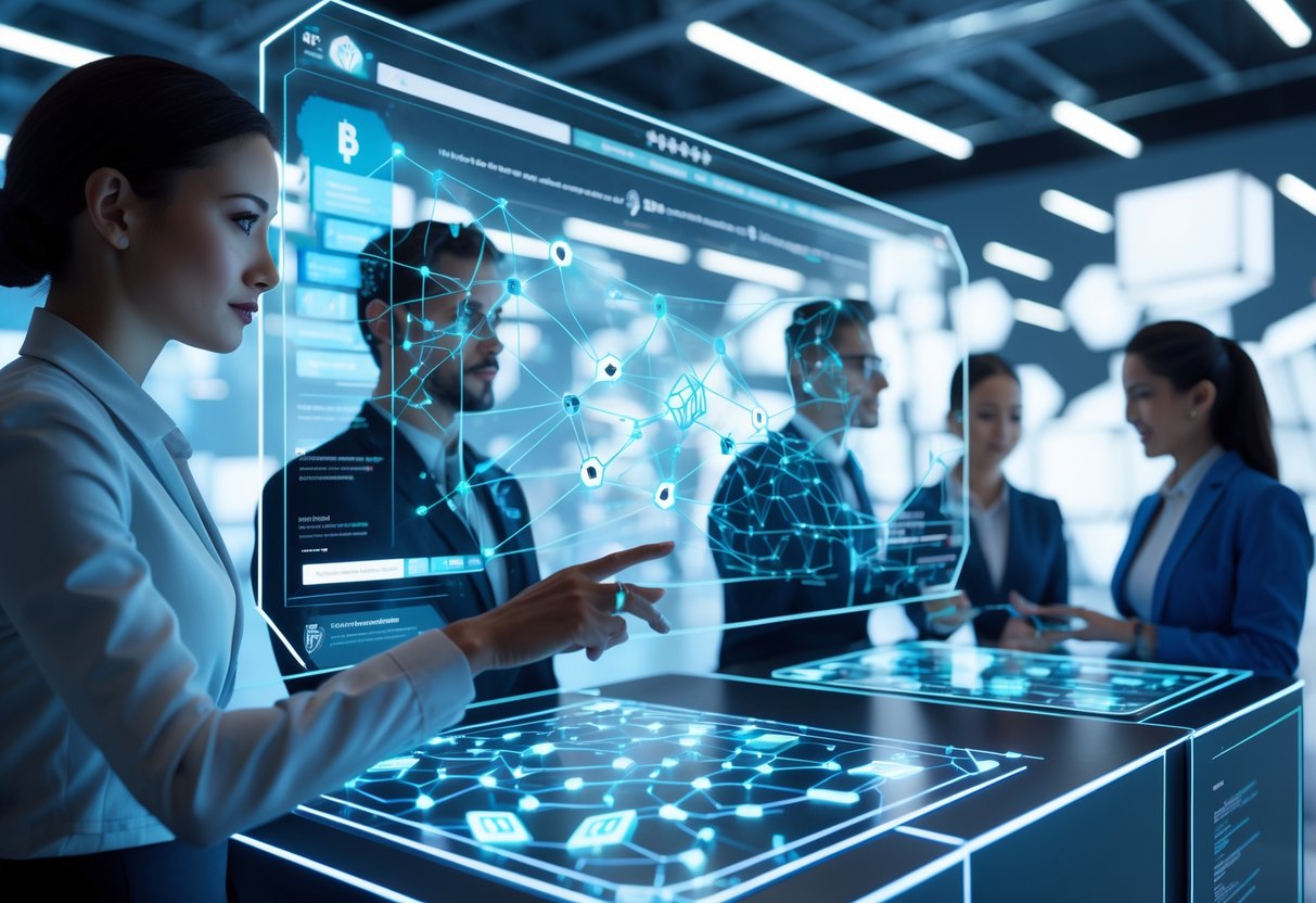 A group of professionals interacting with holographic digital interfaces showing blockchain and AI elements in a futuristic workspace.