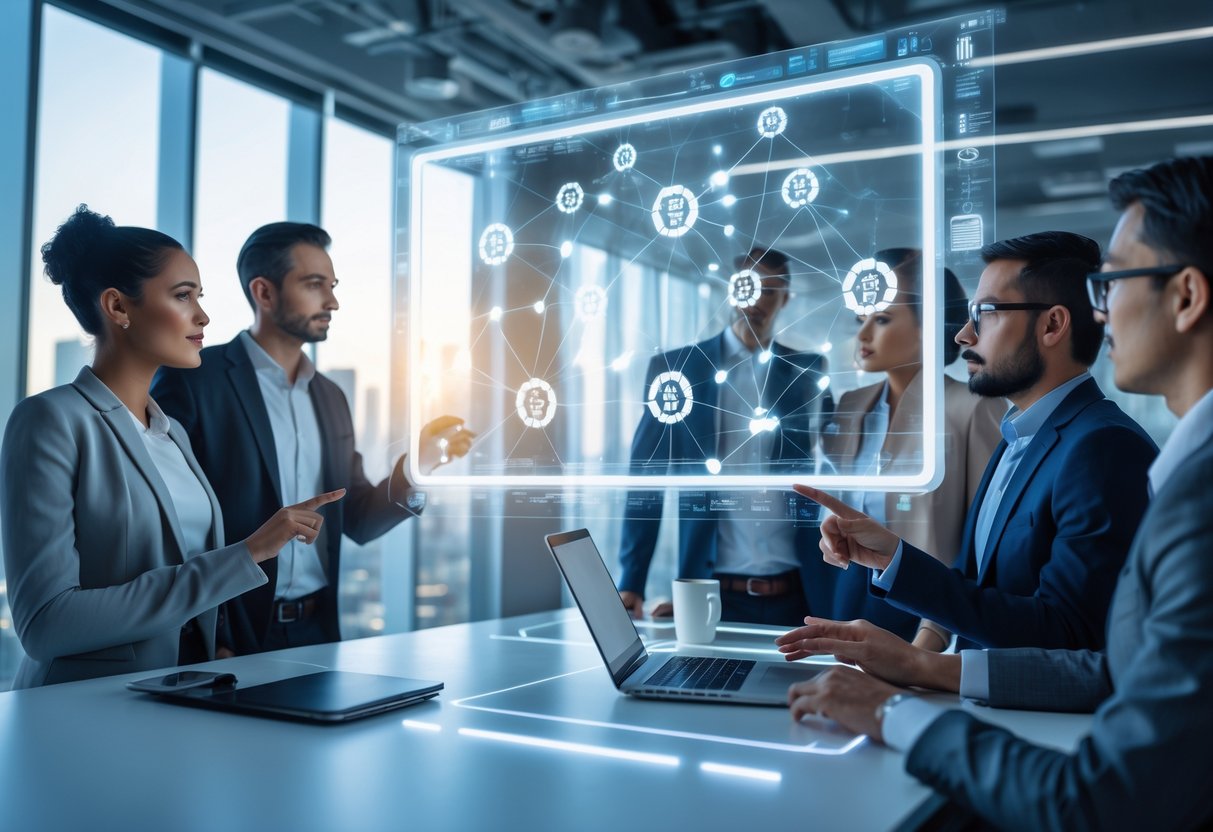 A group of professionals interacting with holographic digital interfaces showing AI neural networks and blockchain symbols in a modern office.