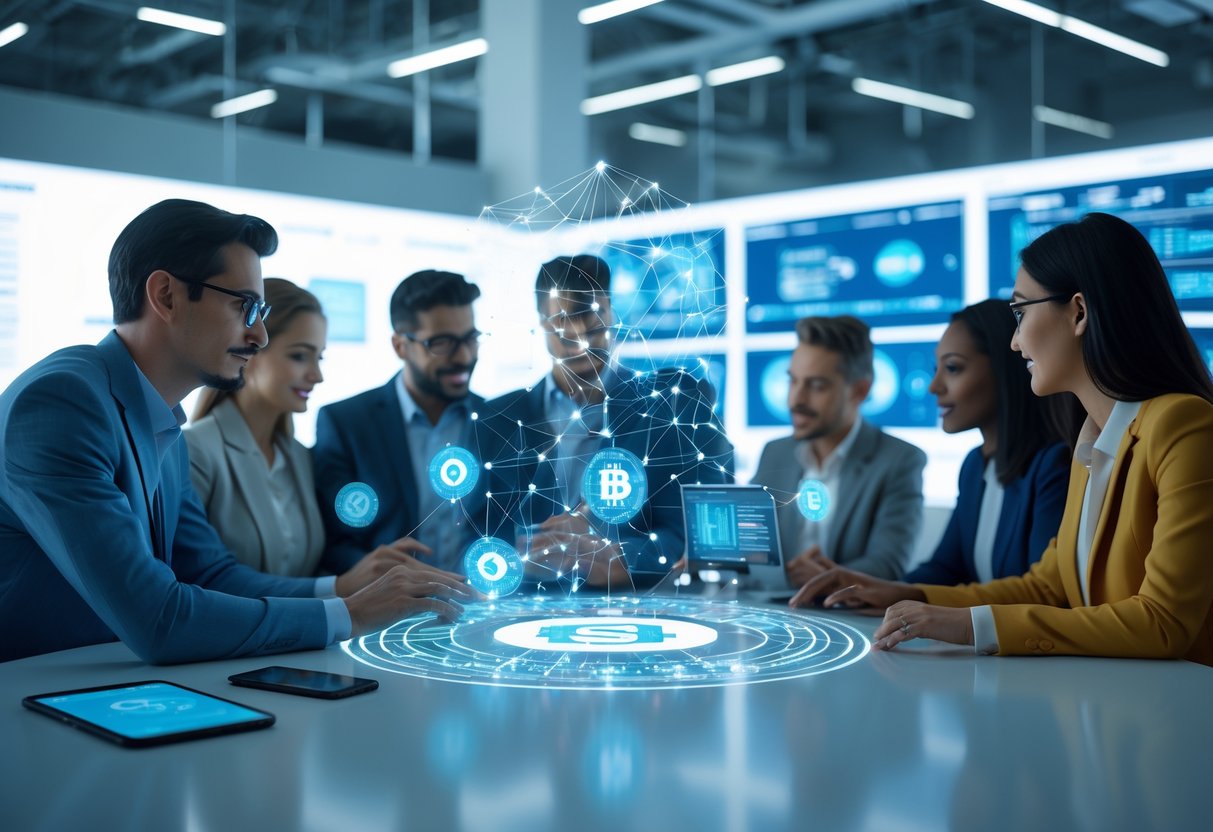A group of professionals collaborating around a holographic interface displaying blockchain networks, AI algorithms, and digital tokens in a modern office.