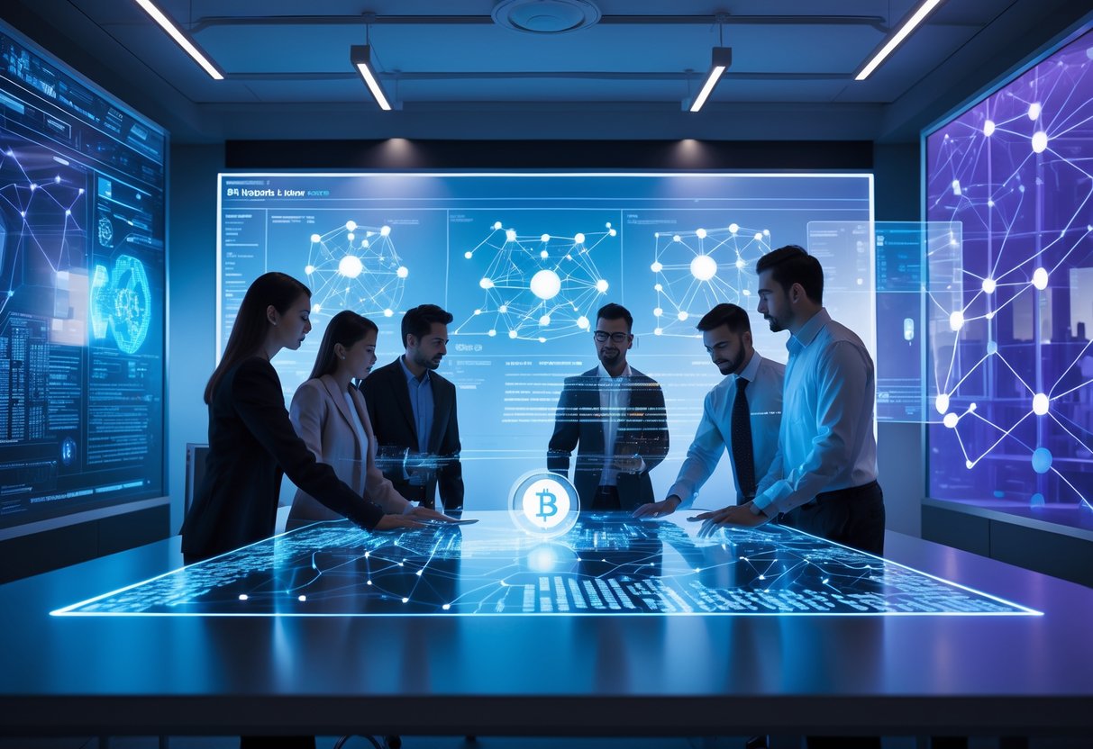 A group of professionals collaborating around a transparent touchscreen table with holographic blockchain and AI data visualizations in a modern office setting.