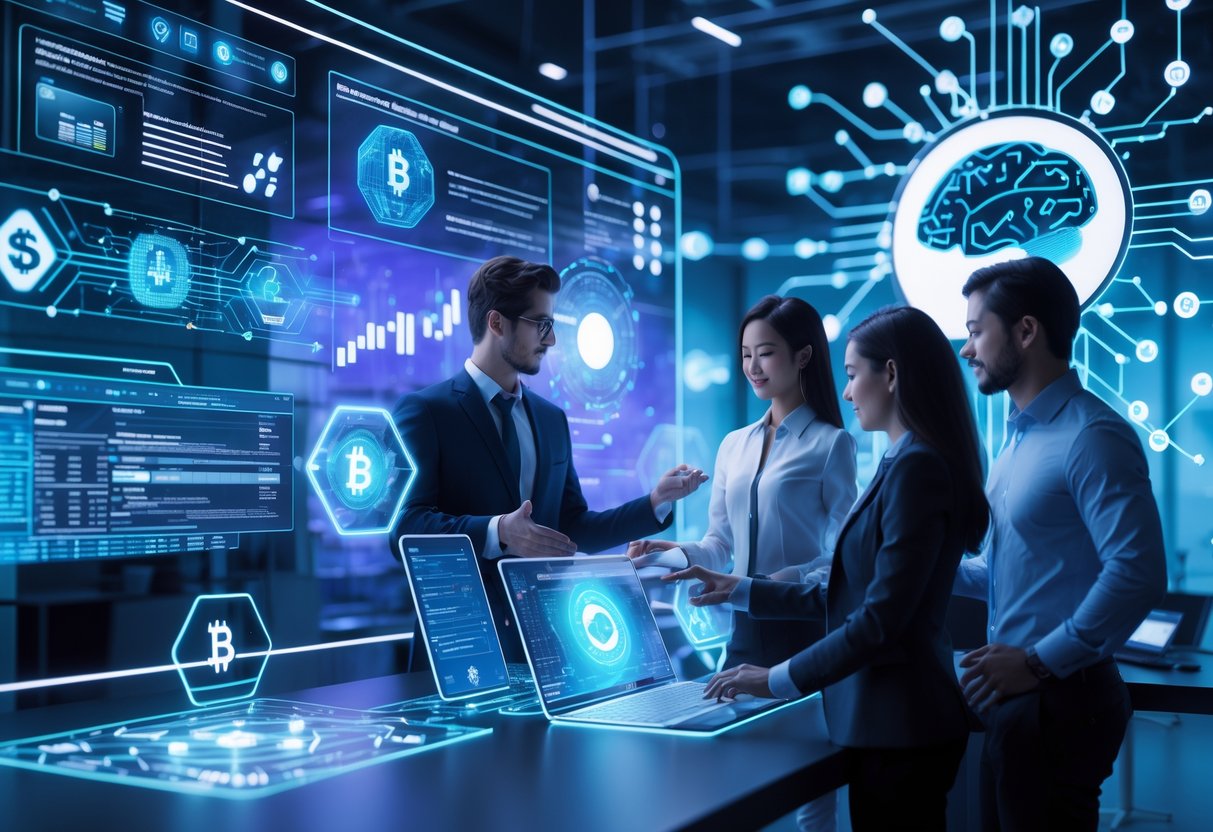 A futuristic workspace with professionals interacting with holographic blockchain and AI interfaces representing the connection between artificial intelligence and the crypto economy.