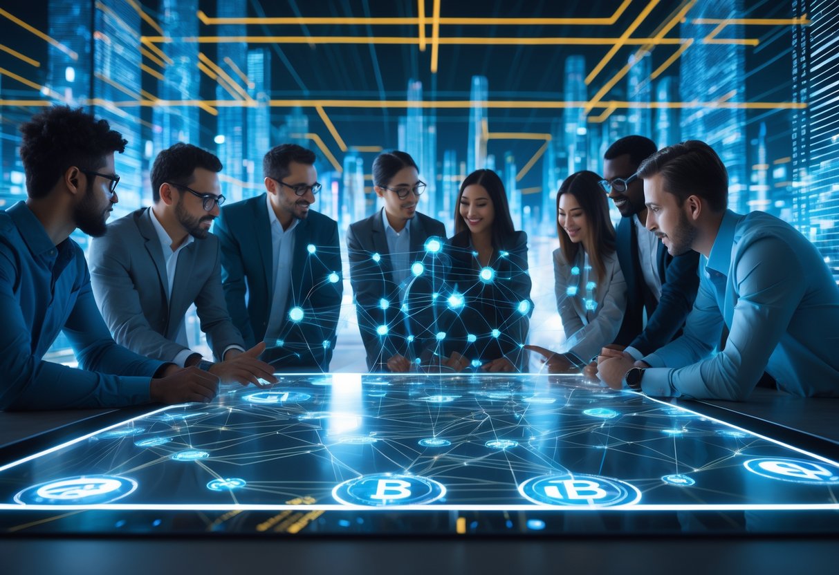 A group of diverse professionals working together around a transparent touchscreen table displaying digital blockchain networks and AI patterns in a futuristic workspace.