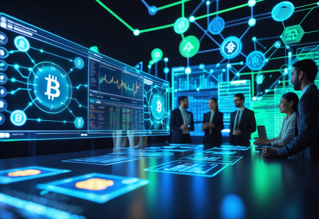 A group of professionals interacting with futuristic holographic screens showing blockchain networks, cryptocurrency symbols, and AI patterns in a modern digital workspace.