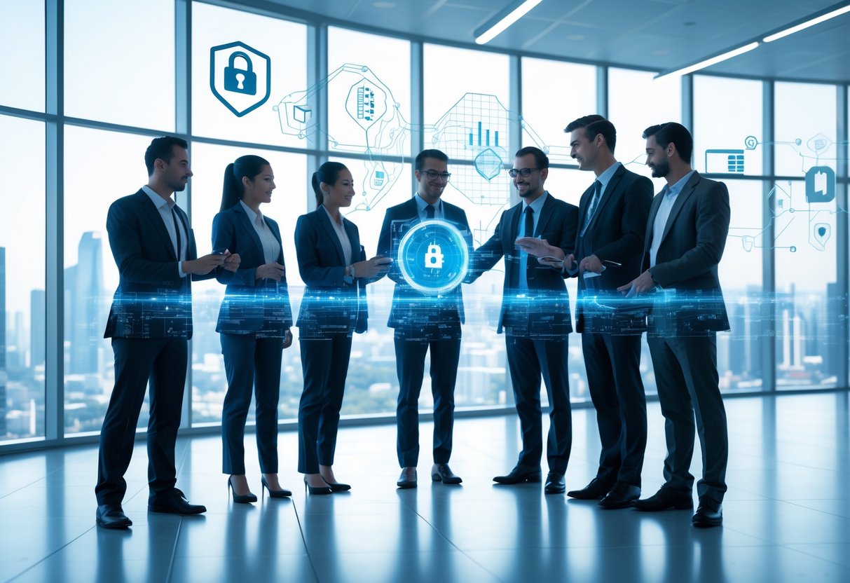 A group of professionals collaborating around a digital interface showing holographic charts and blockchain networks, with floating security and governance icons in a modern office.