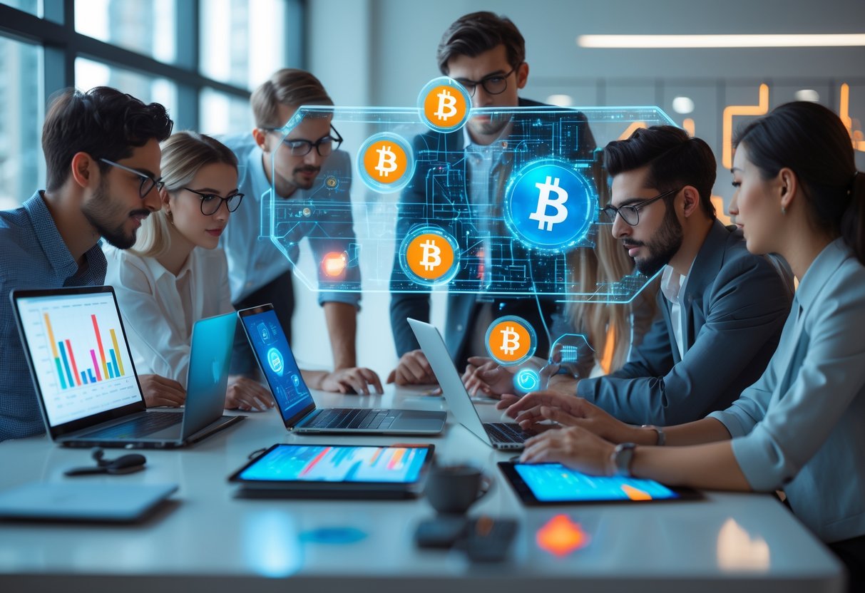 A group of professionals working together at a desk with laptops and tablets showing cryptocurrency and blockchain graphics.