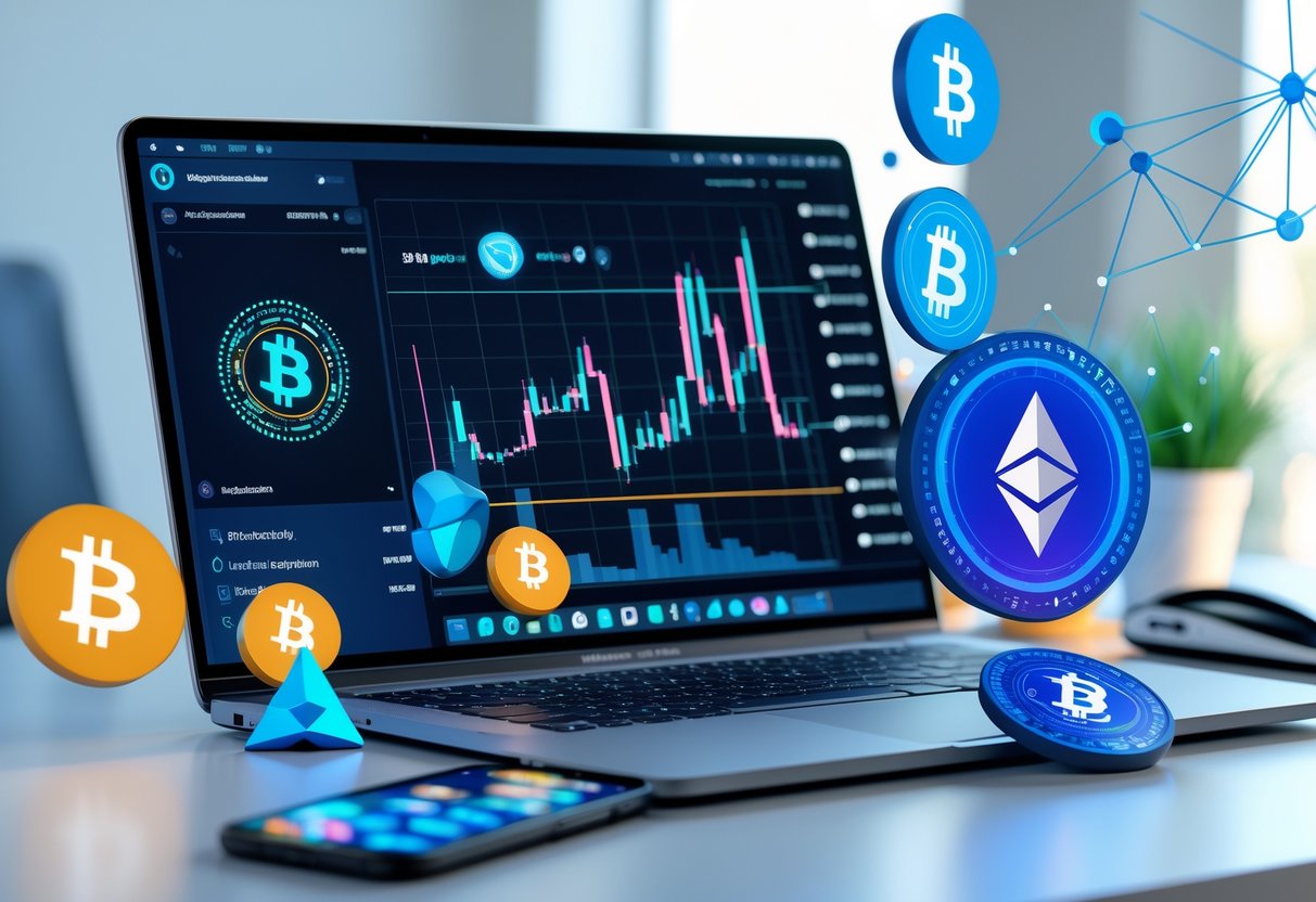 A modern workspace with a laptop and smartphone displaying cryptocurrency and blockchain visuals, surrounded by digital crypto icons.