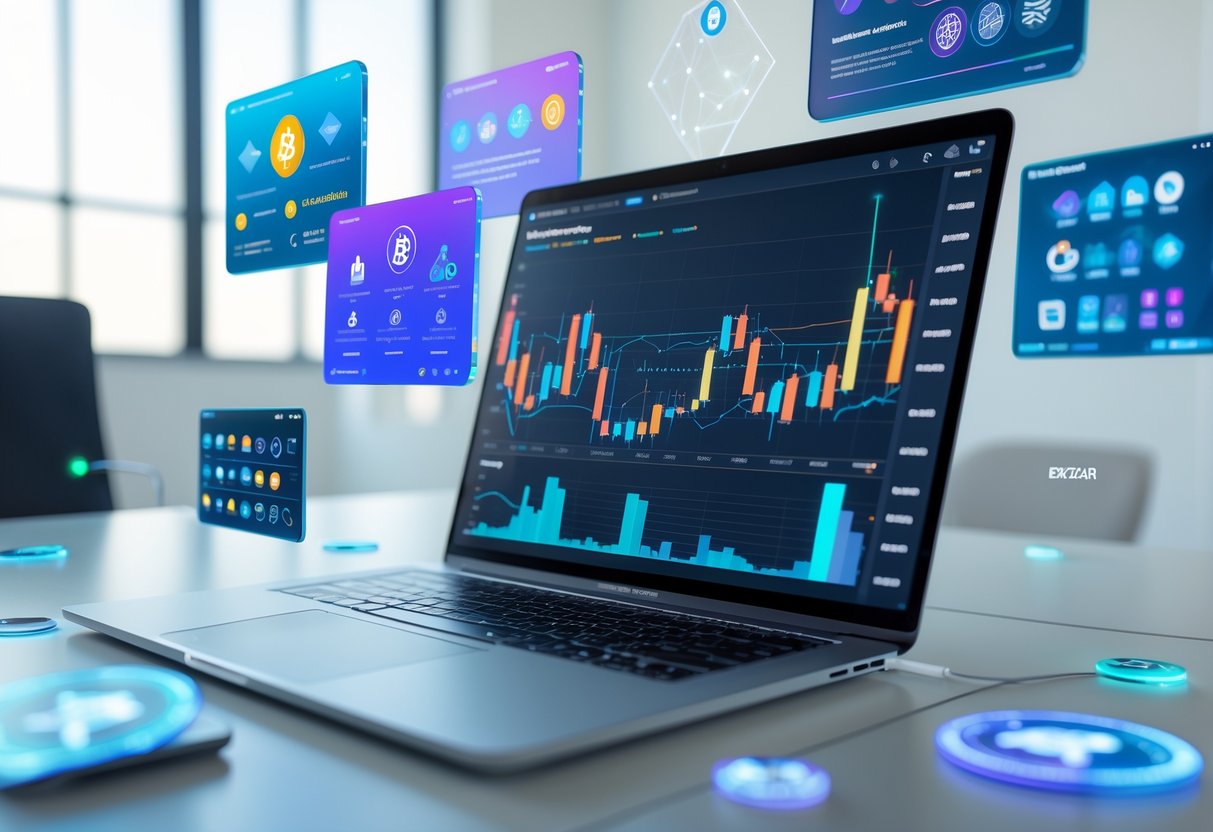 A modern workspace with a laptop displaying crypto charts and floating holographic screens showing cryptocurrency applications.