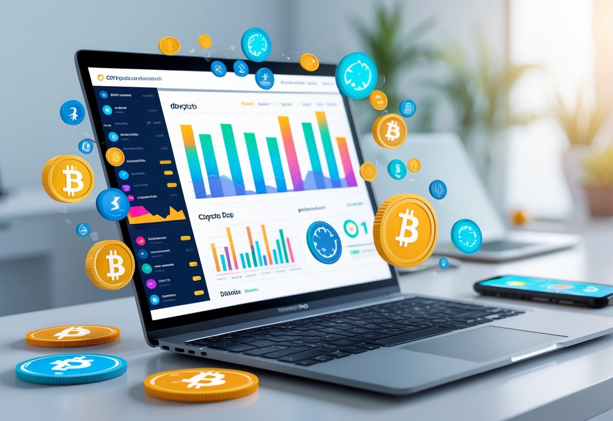 A modern workspace with a laptop showing cryptocurrency charts and icons, a smartphone with a crypto wallet app, and digital coins on a clean desk.
