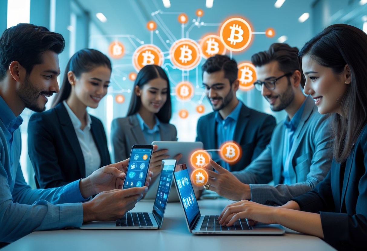 A group of young adults using smartphones and laptops with cryptocurrency symbols and digital interfaces visible on their screens.