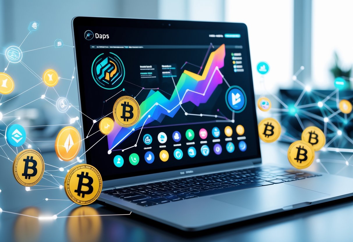 A laptop showing colorful charts and icons related to different types of decentralized applications for earning free cryptocurrency, surrounded by digital coins and abstract blockchain network visuals.