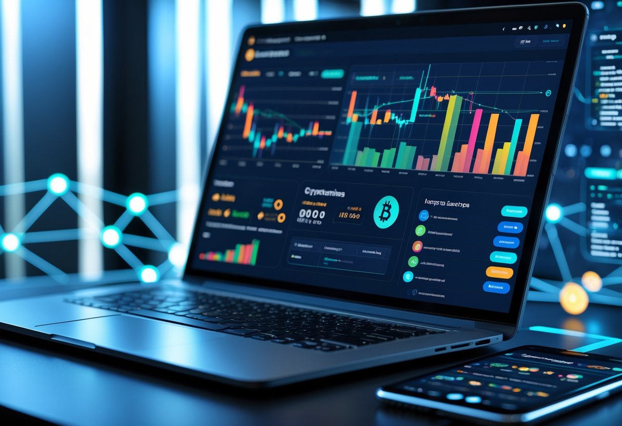 A modern workspace with a laptop, smartphone, and tablet displaying cryptocurrency and blockchain application interfaces.