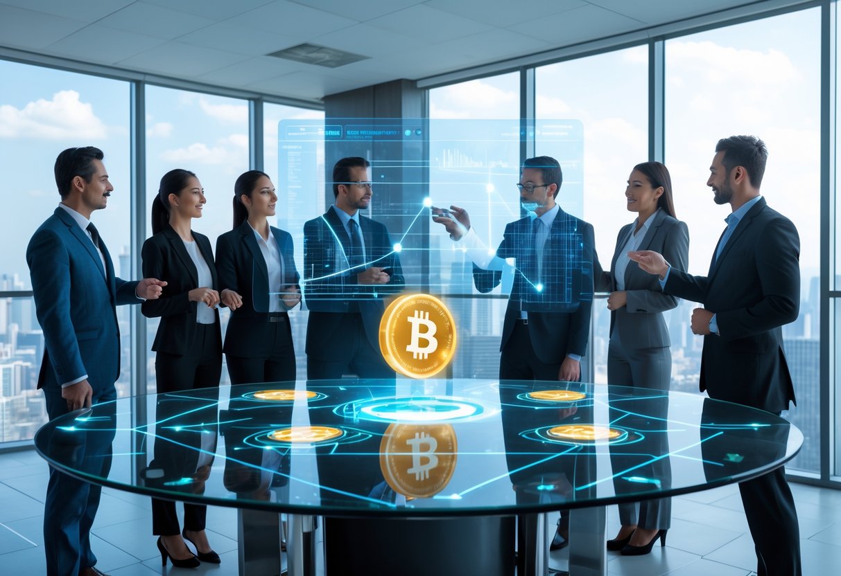 Business professionals discussing digital tokens and blockchain charts around a glass table in a modern office with a city view.
