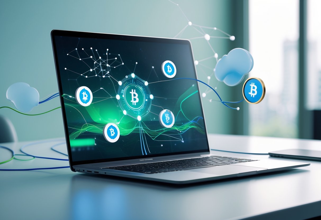 A modern workspace with a laptop showing digital blockchain graphics, surrounded by floating cryptocurrency icons and network nodes.