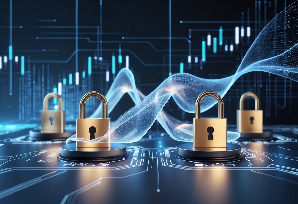 A digital network of interconnected blockchain nodes with glowing locks and flowing streams of digital assets representing staking and liquid staking.