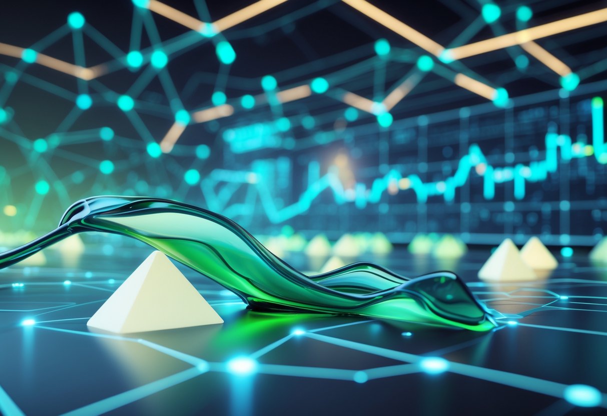 A digital scene showing glowing interconnected nodes and liquid-like flows around abstract shapes representing blockchain staking and digital assets.