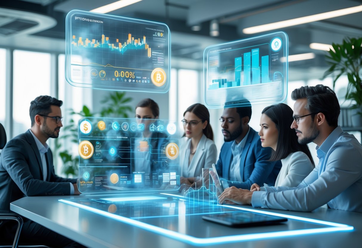 A man and a woman analyzing digital charts and blockchain symbols on holographic screens in a modern office.