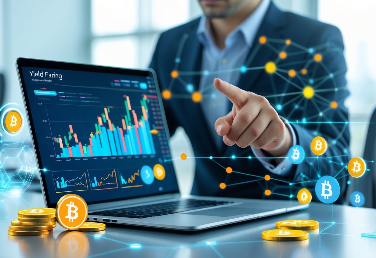 A person analyzing cryptocurrency charts on a laptop in a modern office with digital coins and network graphics nearby.