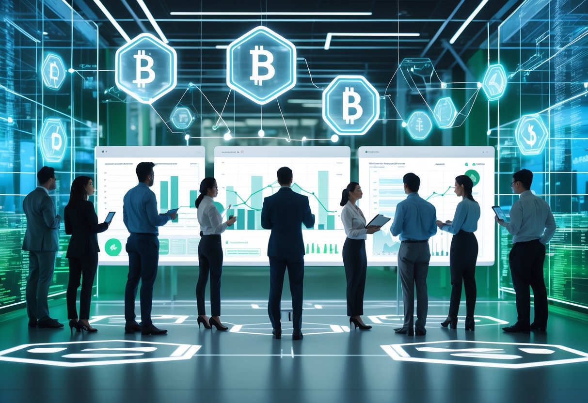 A group of professionals analyzing digital screens with blockchain and finance graphics in a modern office.