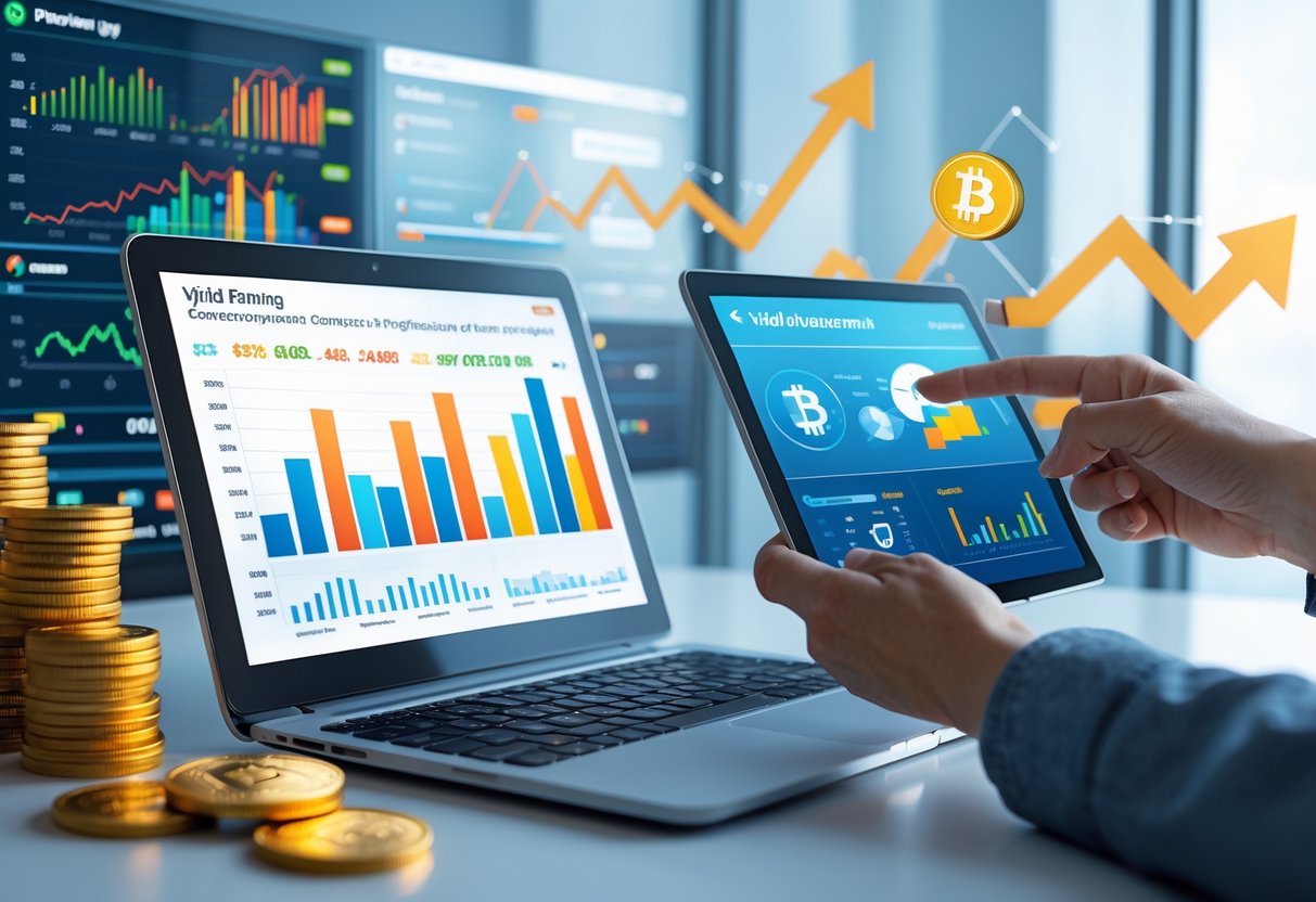 A workspace with laptop and tablet showing financial charts and digital coins symbolizing cryptocurrency earnings and growth.