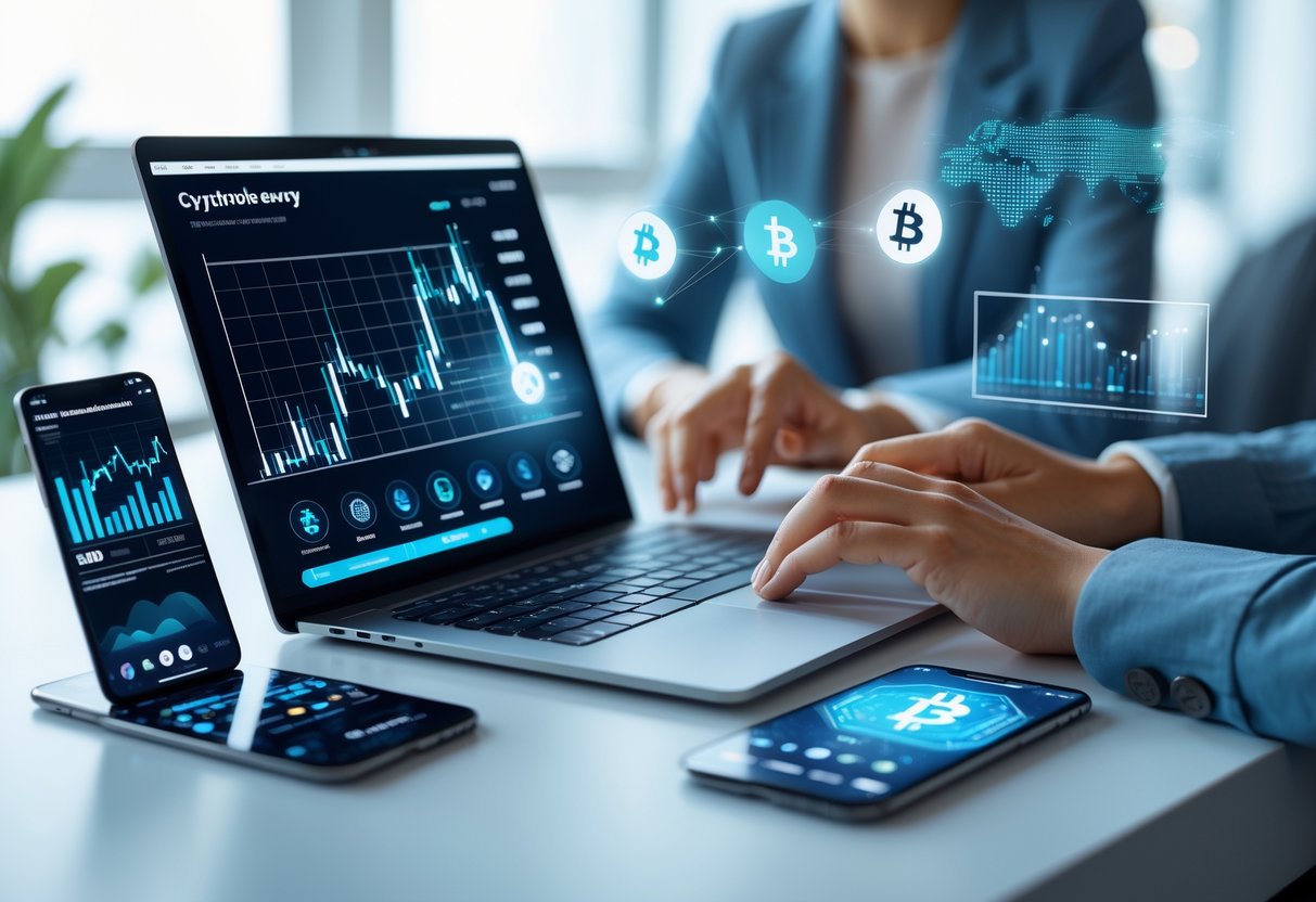 A person working on a laptop displaying cryptocurrency charts and icons at a modern desk with a smartphone and digital financial graphs.