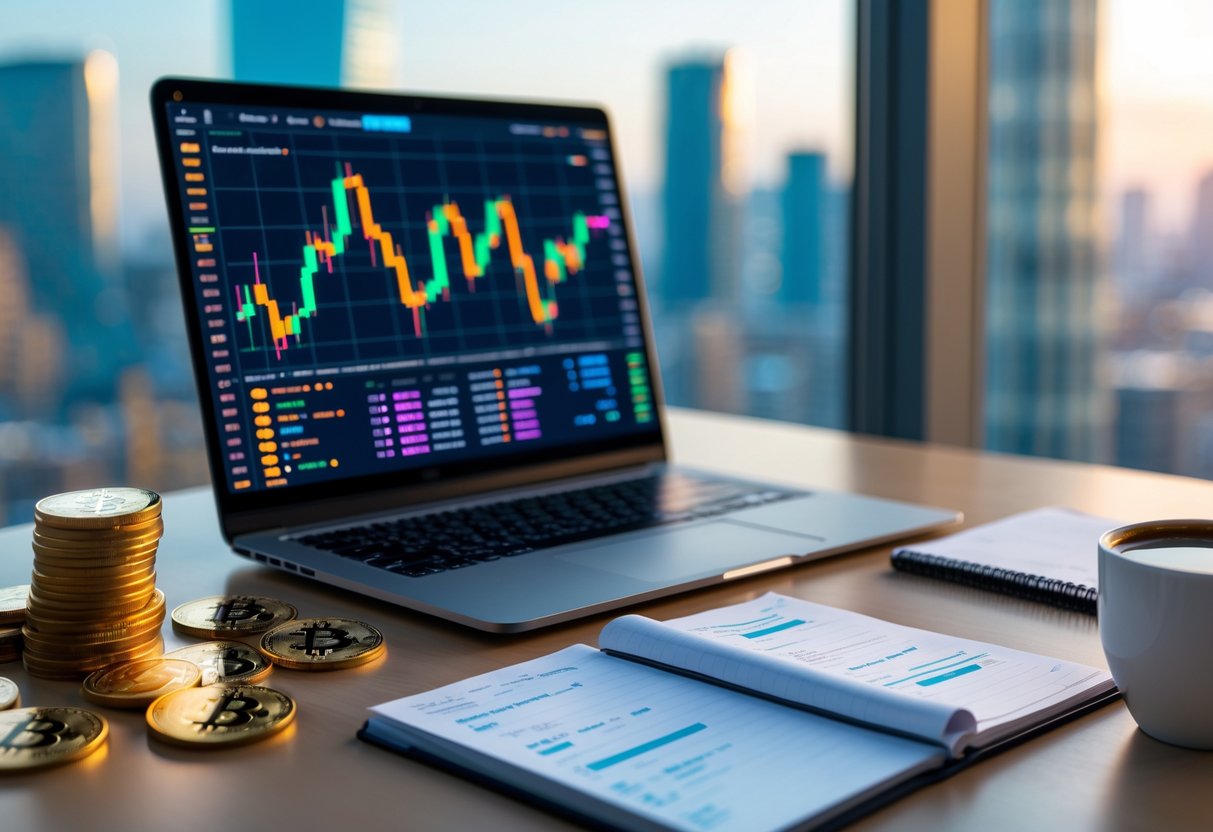 A modern workspace with a laptop showing cryptocurrency charts, a smartphone with a crypto wallet app, a notebook with financial notes, and cryptocurrency coins on a desk near a window with a city view.