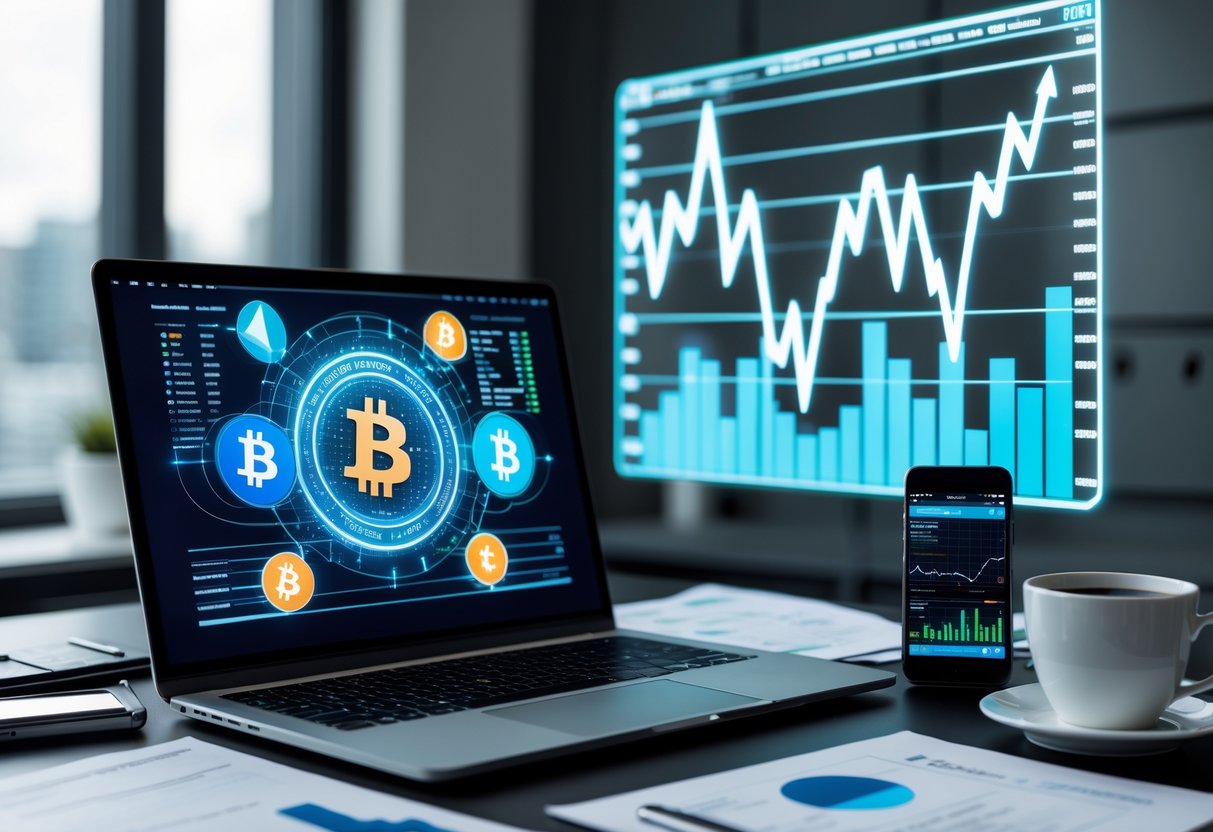 A modern workspace with a laptop showing digital cryptocurrency graphs, a smartphone with market trends, and a holographic chart displaying financial data.