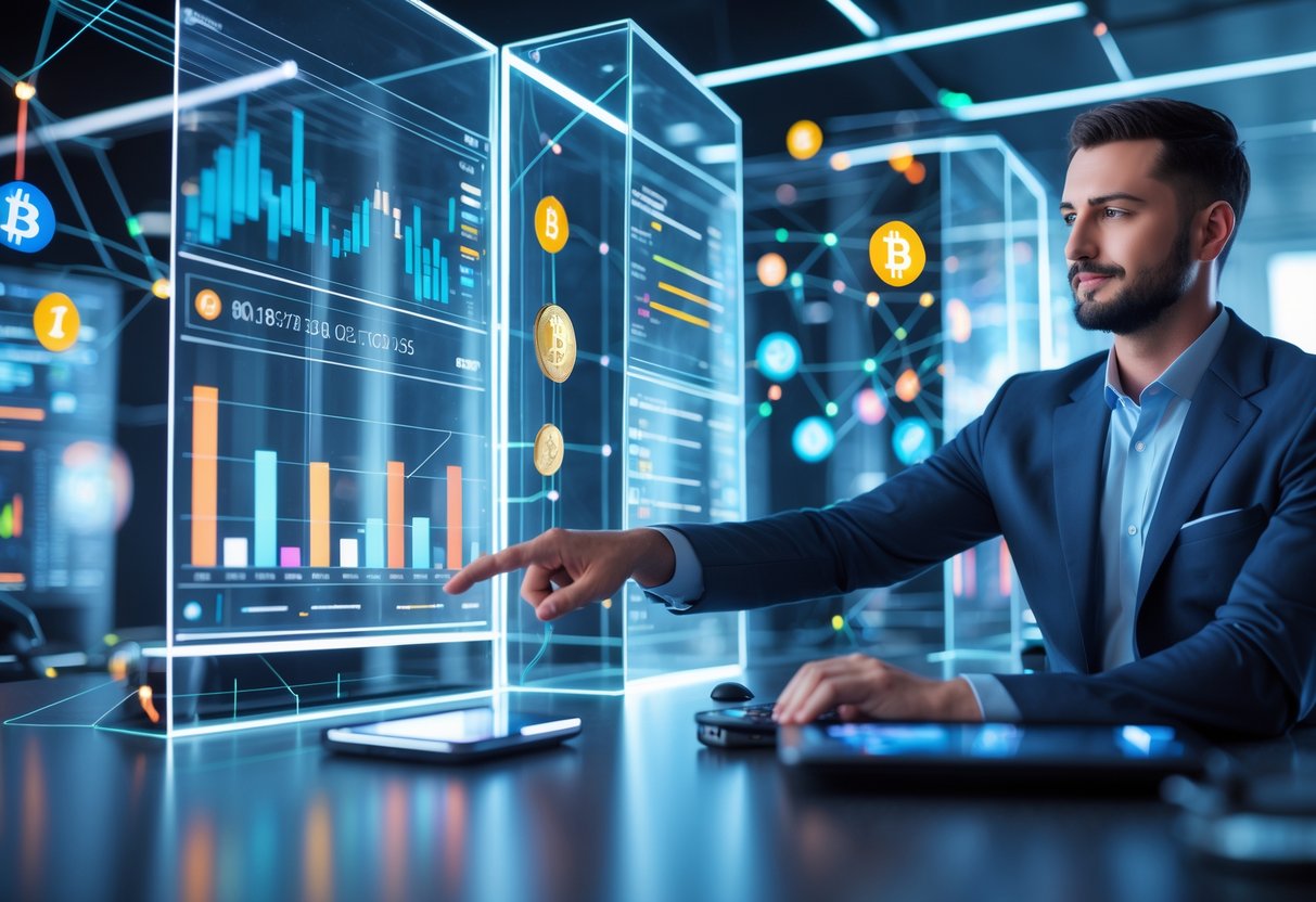A business professional interacting with futuristic digital screens displaying cryptocurrency data and graphs in a modern workspace.