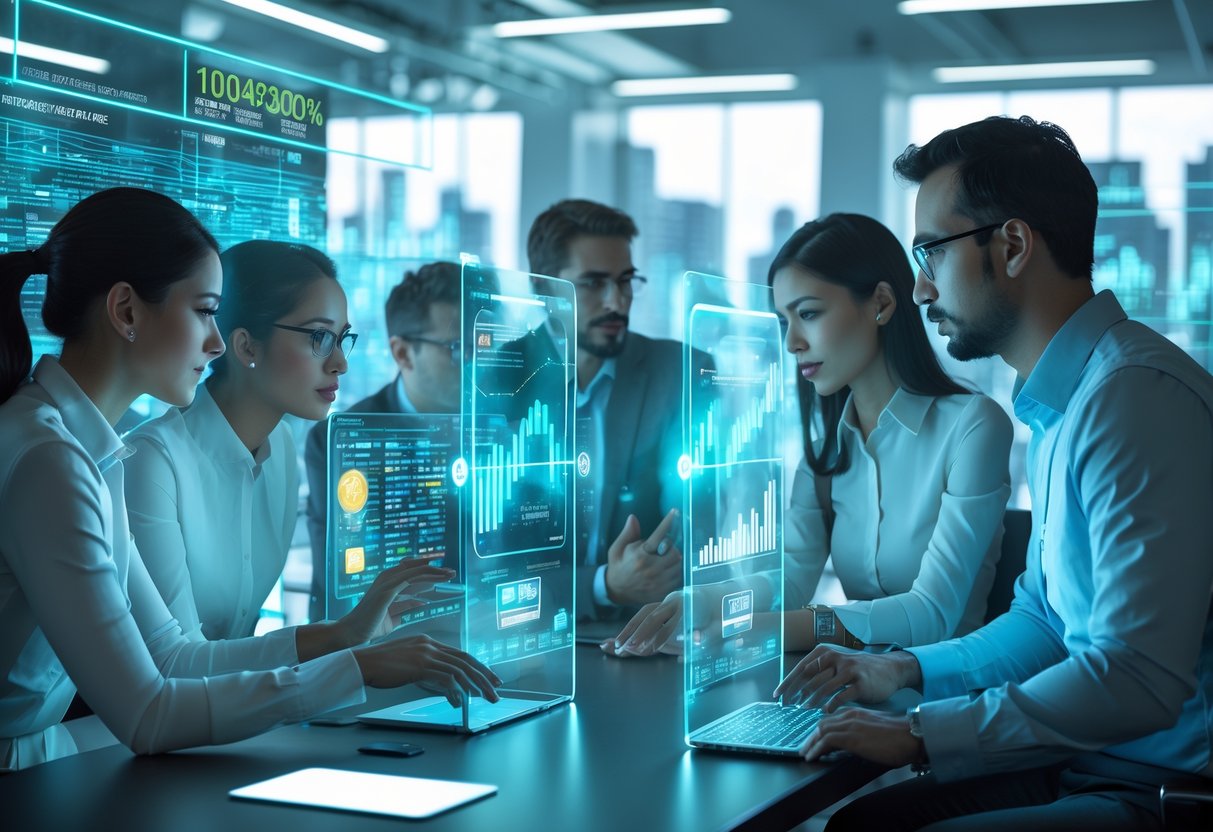 A group of professionals analyzing holographic cryptocurrency data in a modern office with a futuristic cityscape in the background.
