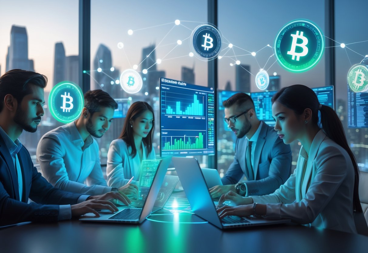 A group of professionals analyzing cryptocurrency data on digital screens and devices in a modern workspace with floating crypto icons and a futuristic city skyline in the background.