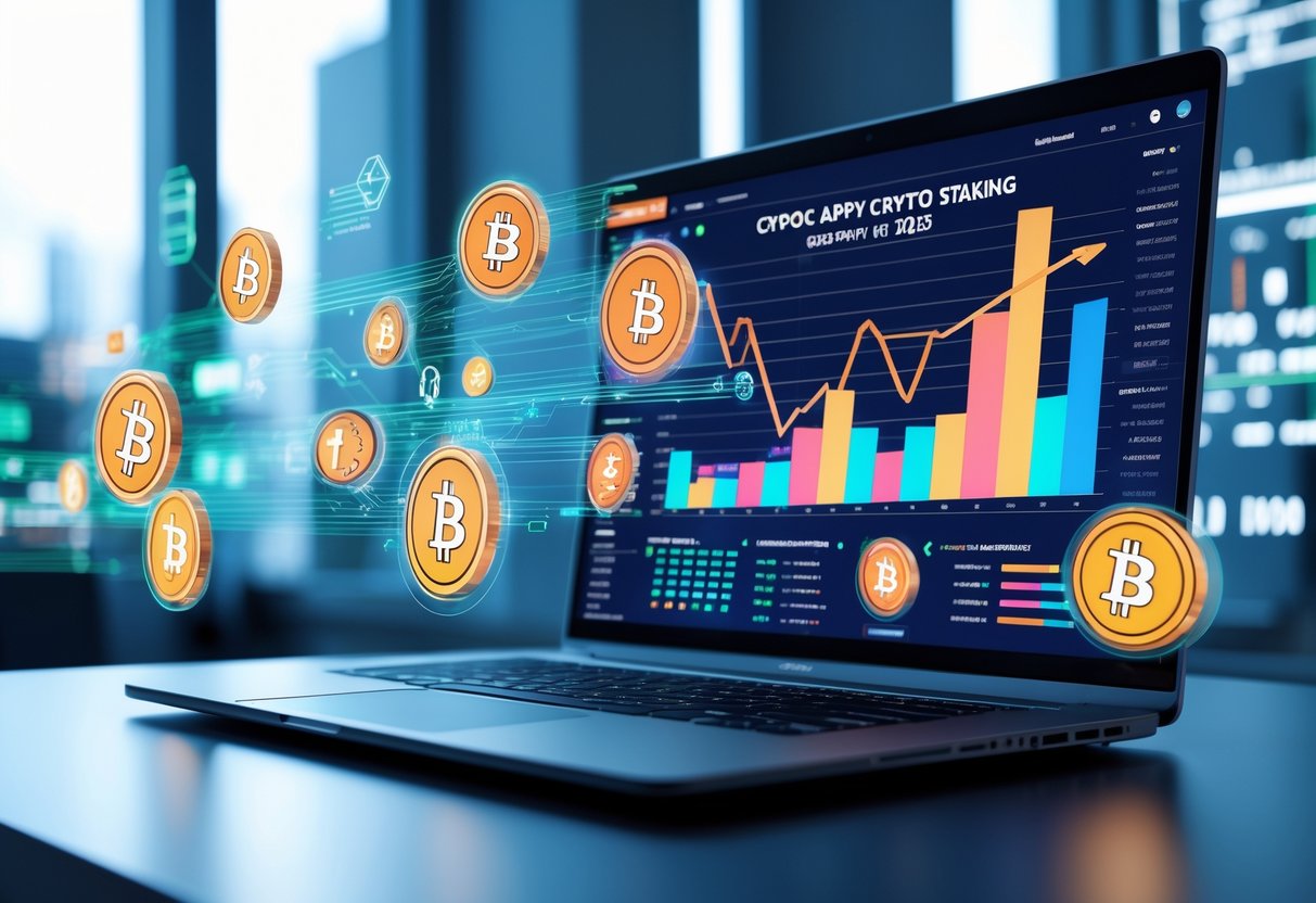 A modern workspace with a laptop showing cryptocurrency charts and floating digital icons representing various cryptocurrencies.