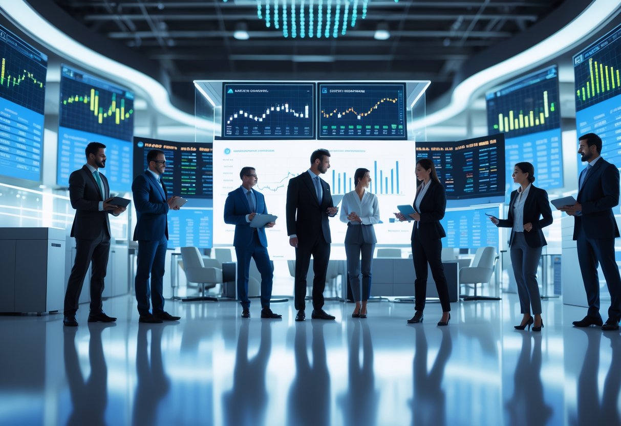 Professionals in a modern office analyzing cryptocurrency data on digital screens and devices.