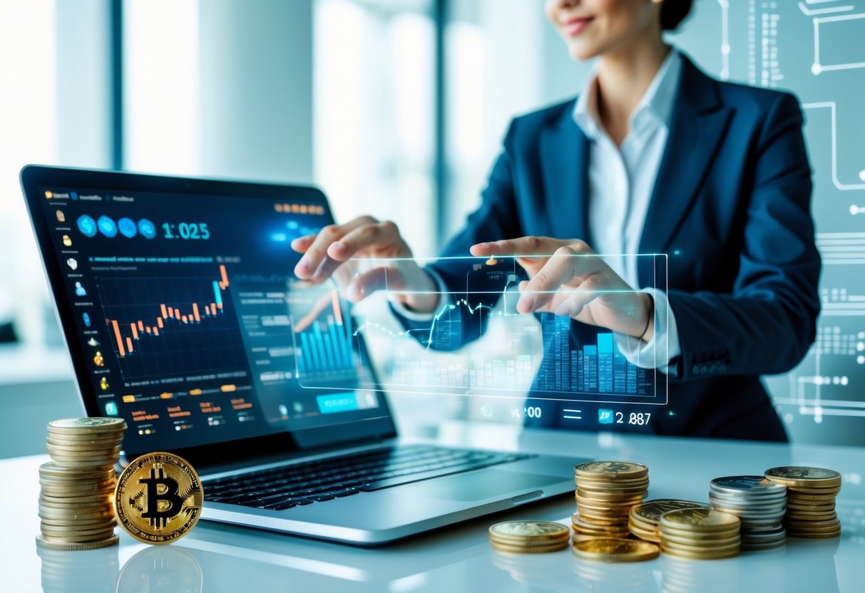 A business professional using a laptop and futuristic touchscreen displaying cryptocurrency charts and lending options in a modern office.
