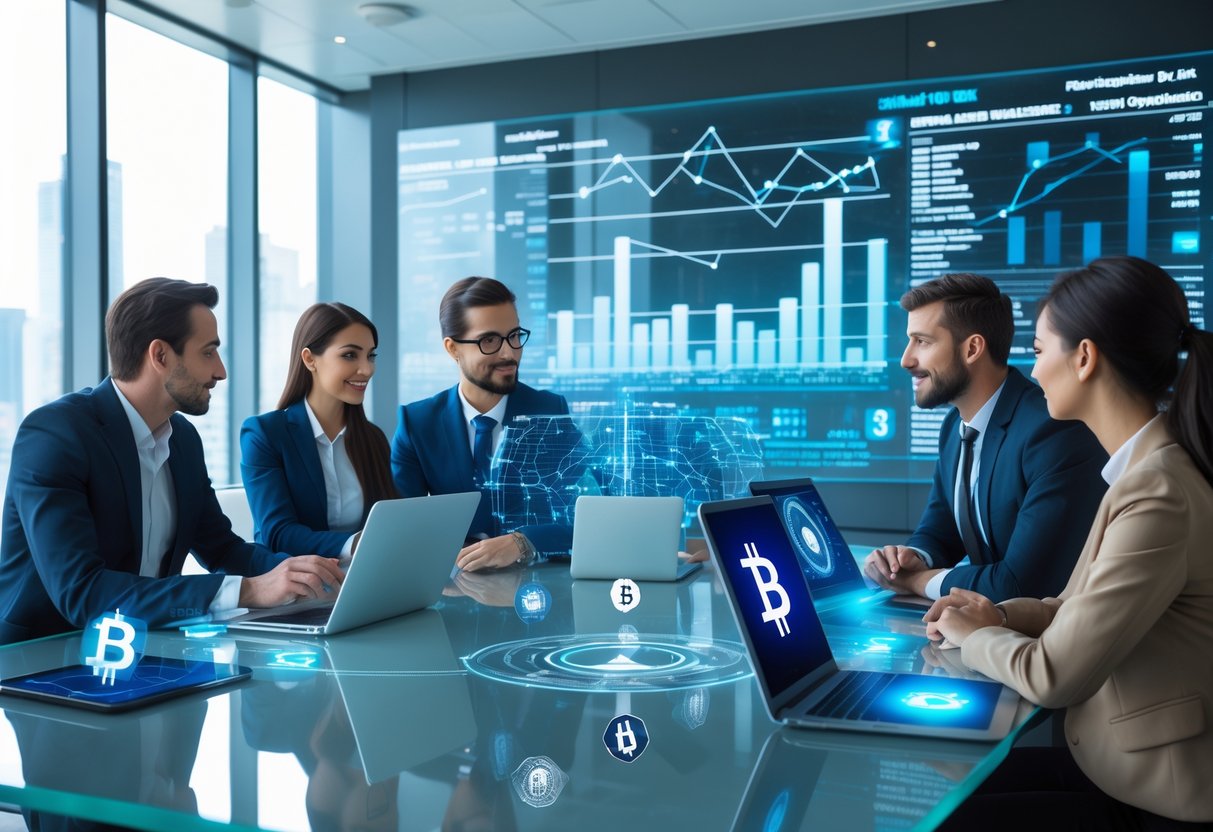 A group of business professionals discussing cryptocurrency lending around a glass table with digital devices displaying financial graphs and crypto symbols in a modern office.