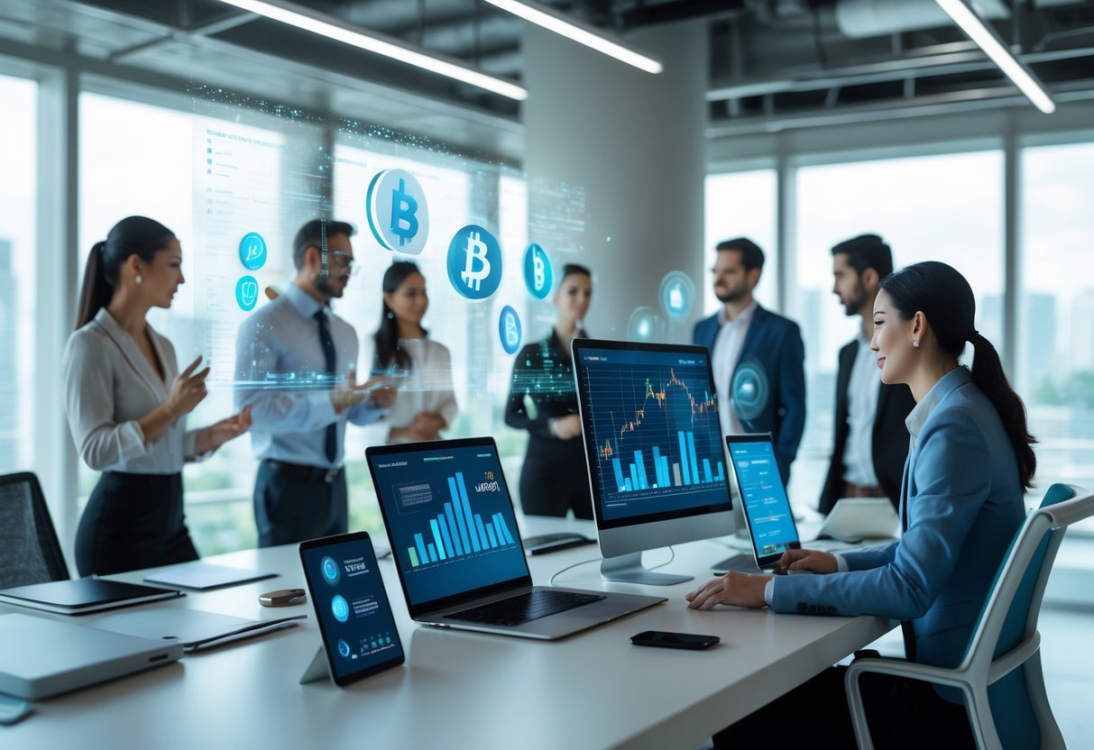 A group of professionals working together at a desk with digital devices showing cryptocurrency charts and icons in a modern office setting.