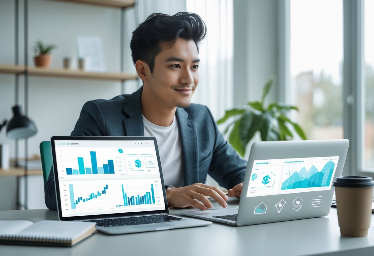 A person sitting at a desk looking at financial charts on a laptop and tablet in a bright home office.