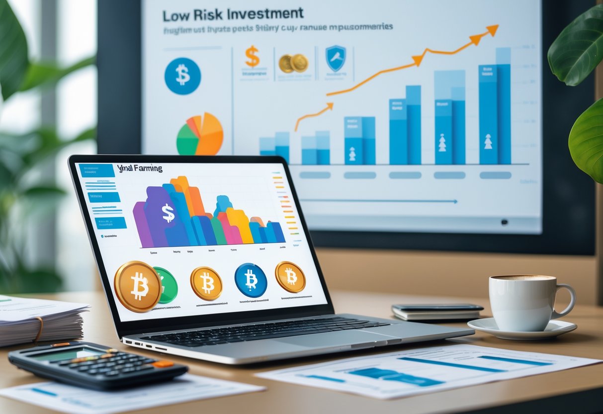 A modern workspace with a laptop showing financial charts, documents, and a whiteboard with investment strategy icons.