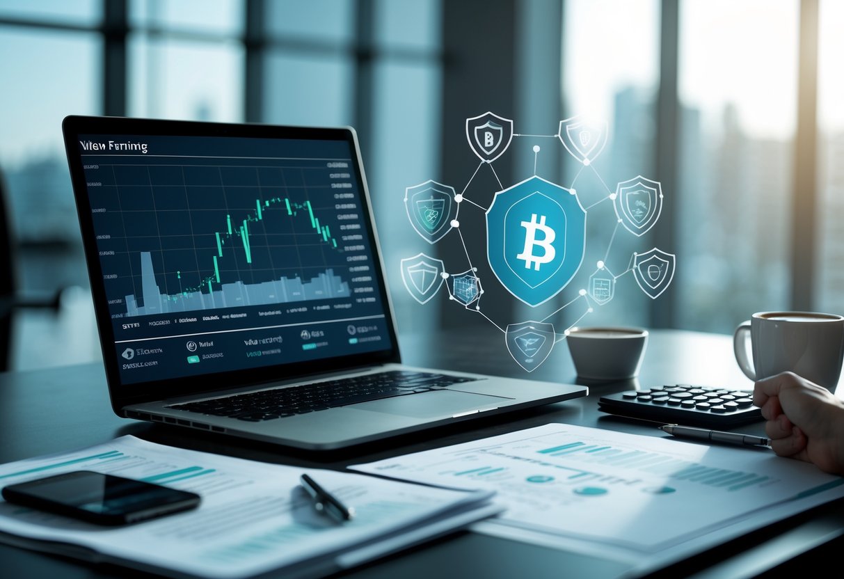 A workspace with a laptop showing financial charts, a smartphone displaying a cryptocurrency wallet, documents, and a coffee cup.