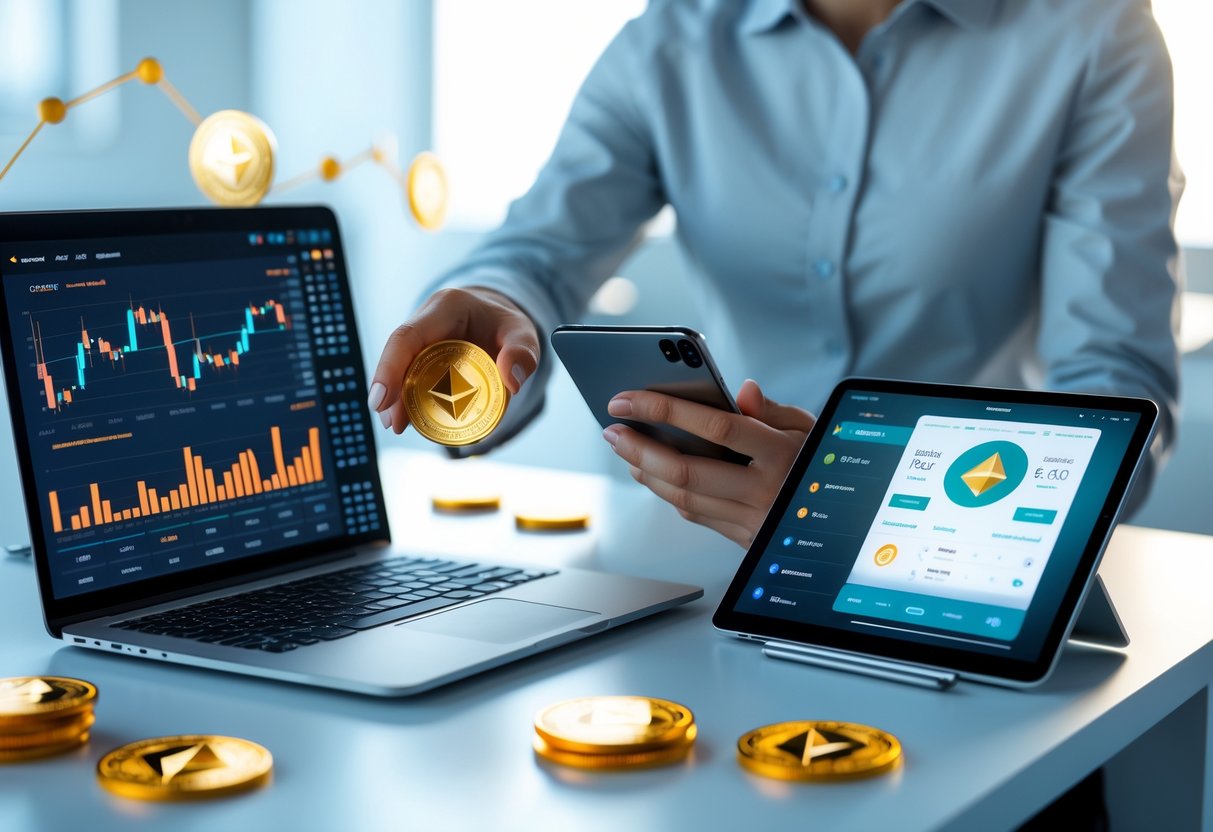 A person using a laptop, smartphone, and tablet at a desk showing Ethereum charts and staking apps in a modern office.