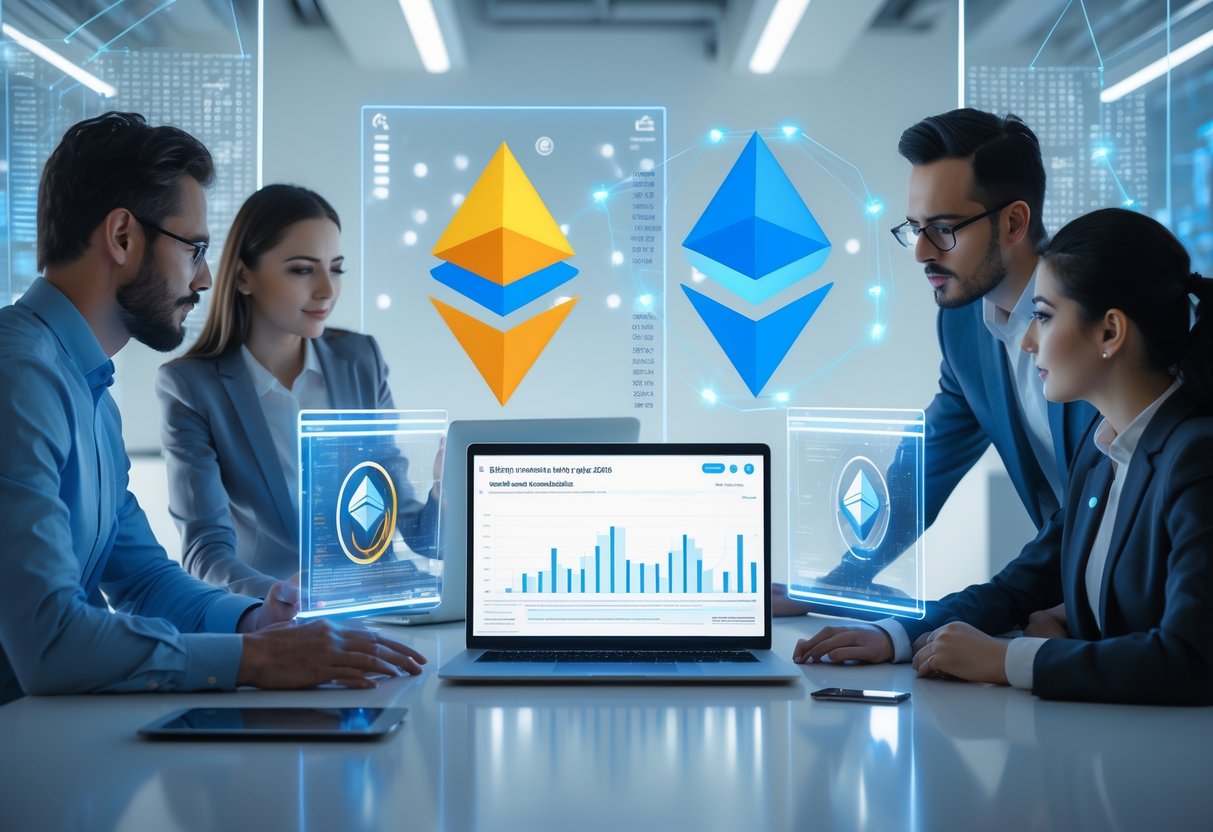 A group of professionals discussing Ethereum staking data displayed on digital screens in a modern workspace.