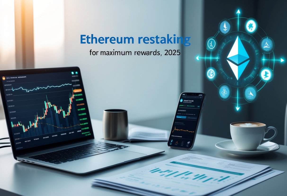 A modern workspace with a laptop showing Ethereum charts, a smartphone with a crypto wallet, financial documents, and a cup of coffee on a clean desk.