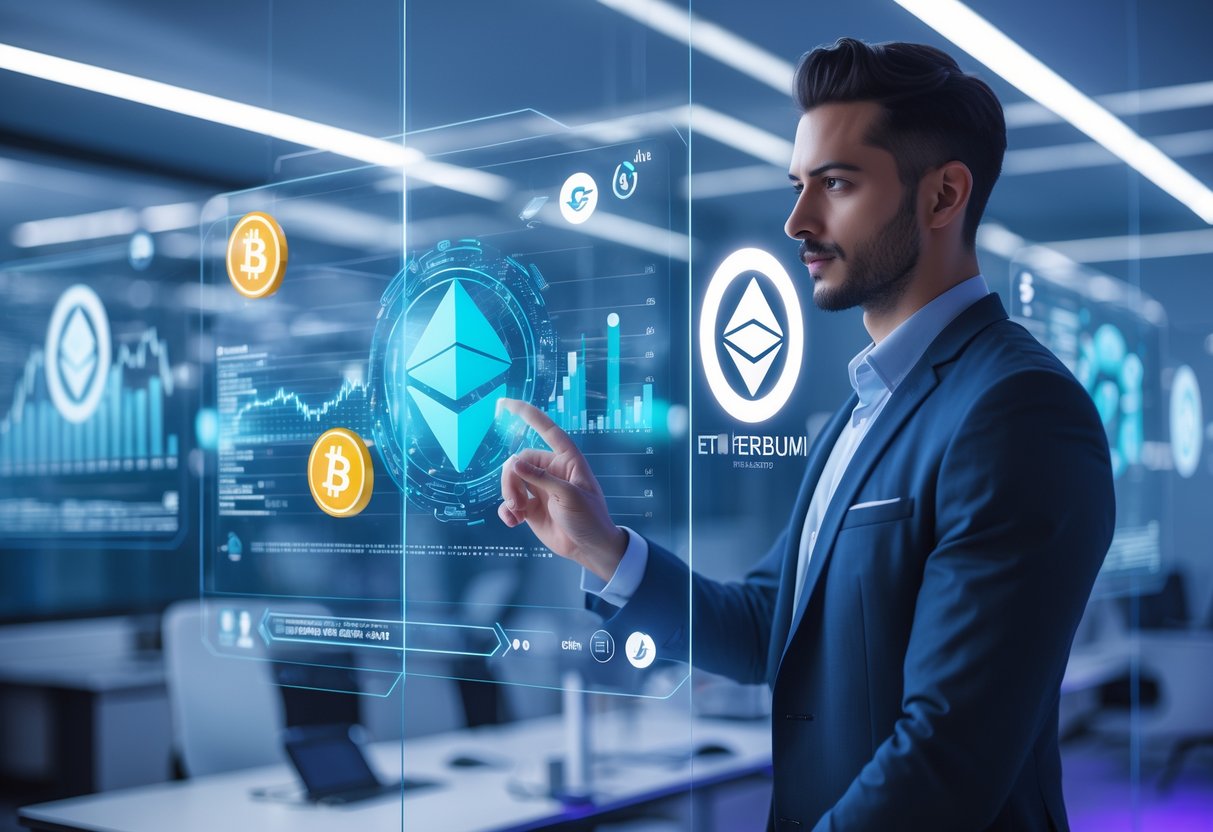 A business professional interacting with futuristic digital screens showing Ethereum blockchain data and financial charts in a modern office.