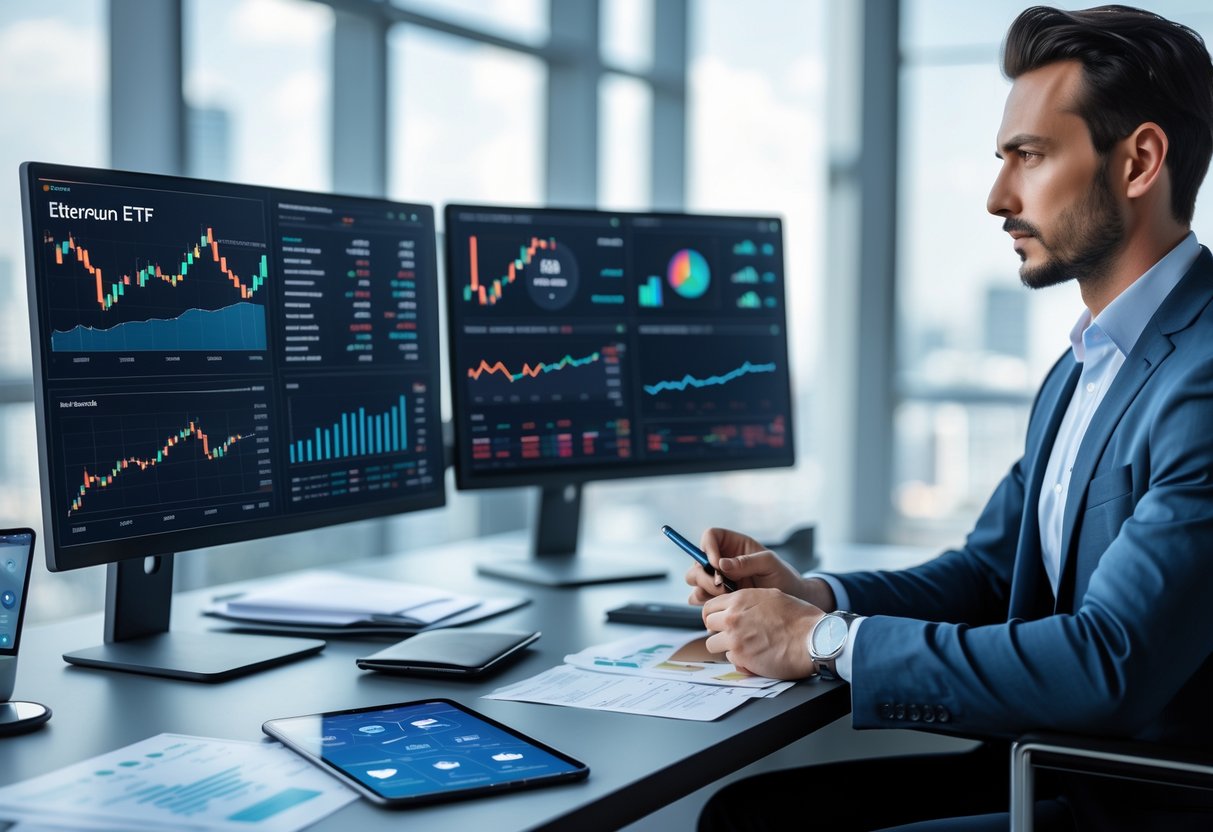 A business professional analyzing Ethereum ETF financial charts on multiple monitors in a modern office with city views.