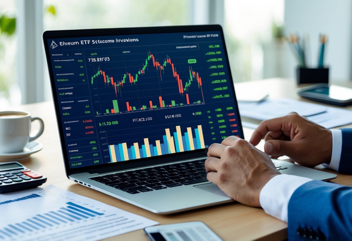 A person analyzing Ethereum ETF financial data on a laptop in a bright office with financial documents and a smartphone nearby.