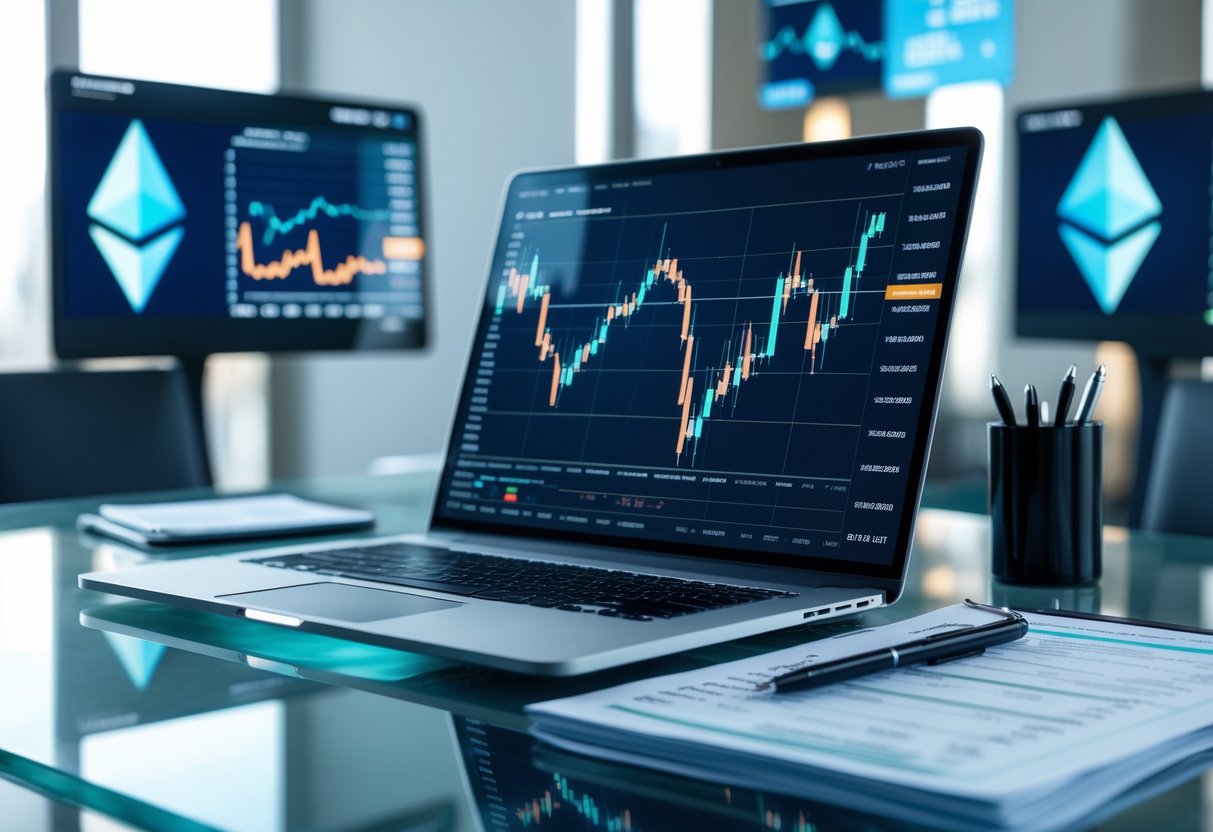 A modern workspace with a laptop showing Ethereum cryptocurrency charts and financial documents on a desk, representing investment analysis.