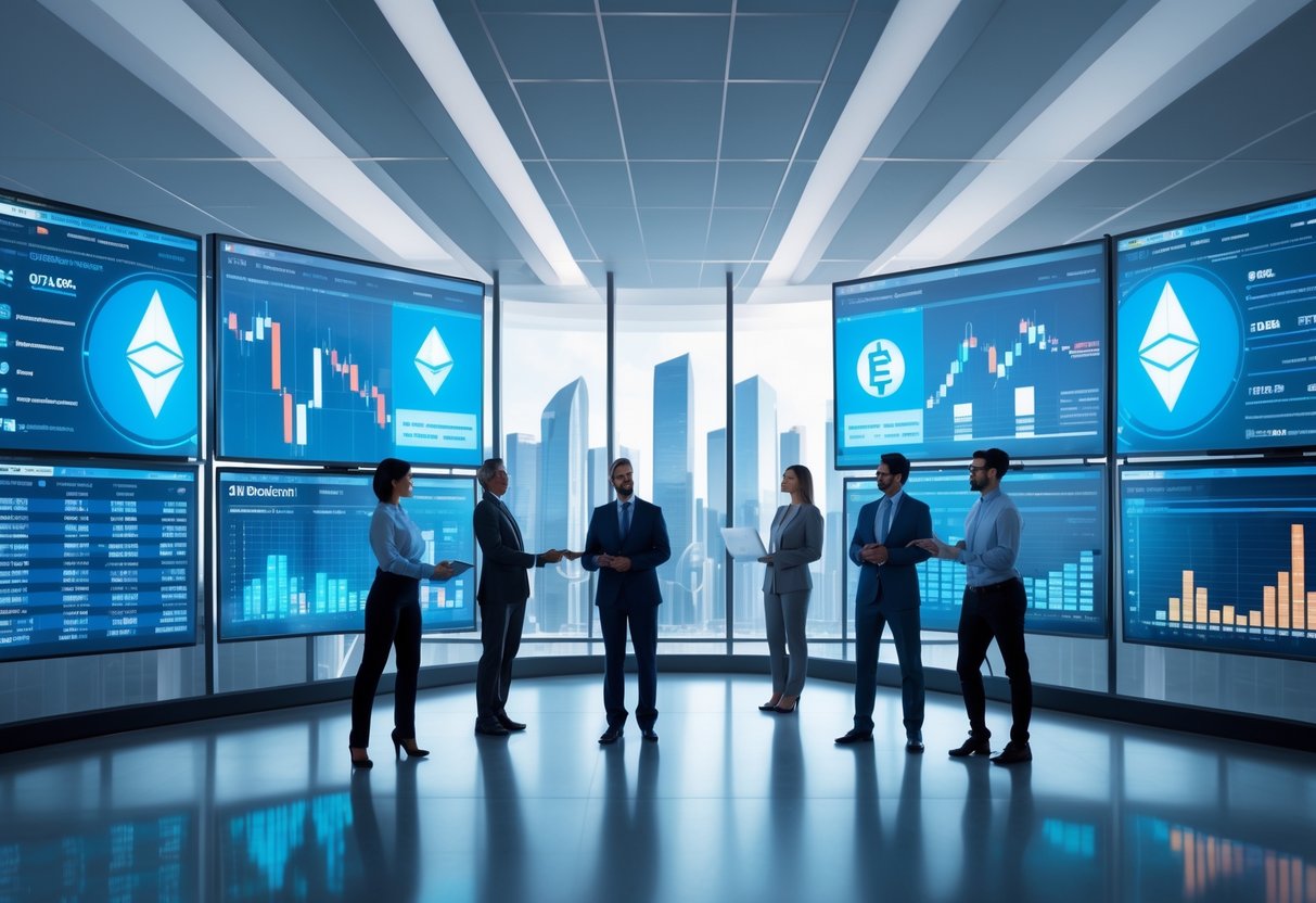 A group of business professionals analyzing digital financial data and Ethereum charts on transparent screens in a modern office with a city skyline in the background.