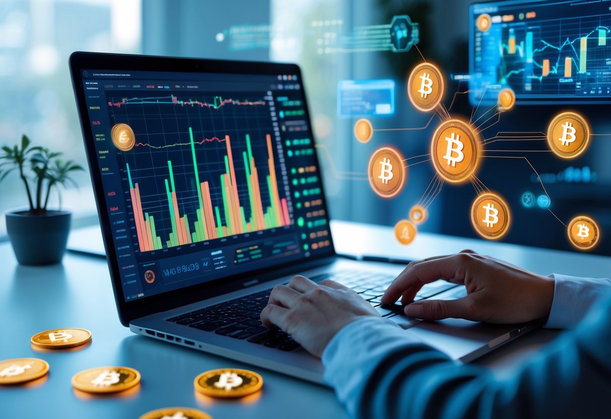 A person typing on a laptop showing cryptocurrency charts with digital tokens floating nearby in a bright modern workspace.