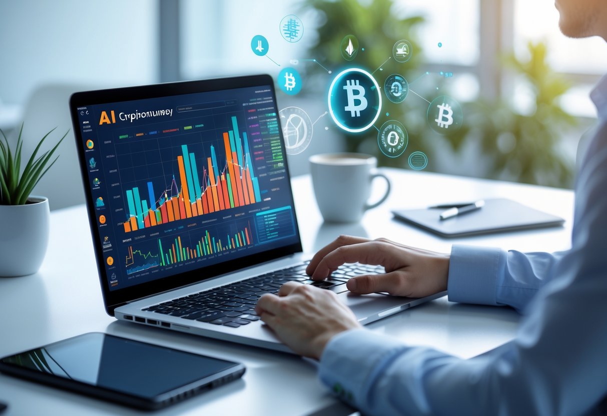 A person working on a laptop showing cryptocurrency charts and AI icons in a bright office setting.