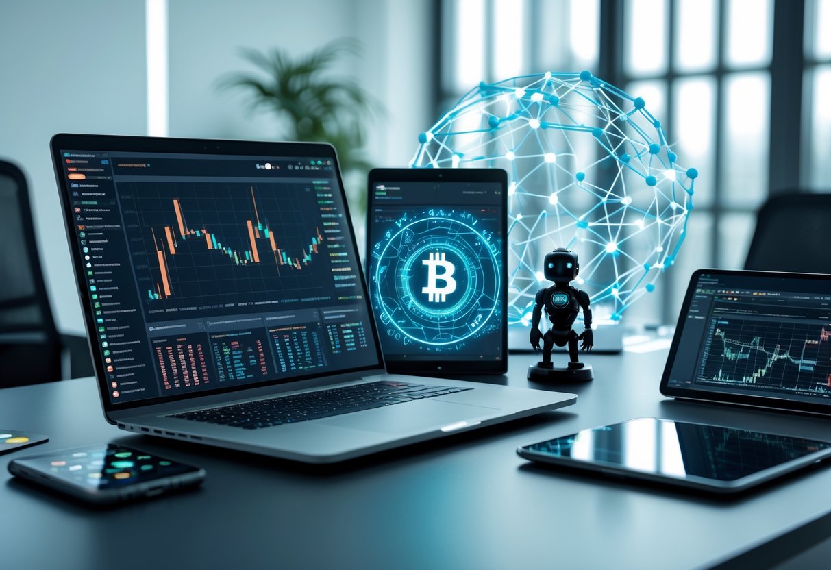 A modern workspace with a laptop, tablet, and smartphone showing cryptocurrency charts and AI-related visuals on a clean office desk.